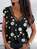 Lace V-Neck Chrysanthemum Short Sleeve T-Shirt Shopvhs.com