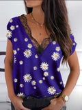 Lace V-Neck Chrysanthemum Short Sleeve T-Shirt Shopvhs.com