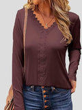 Lace V-Neck Long Sleeve T-Shirt Shopvhs.com