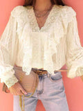 Lace V-Neck Panel Ruffle Long Sleeve Blouse Shopvhs.com