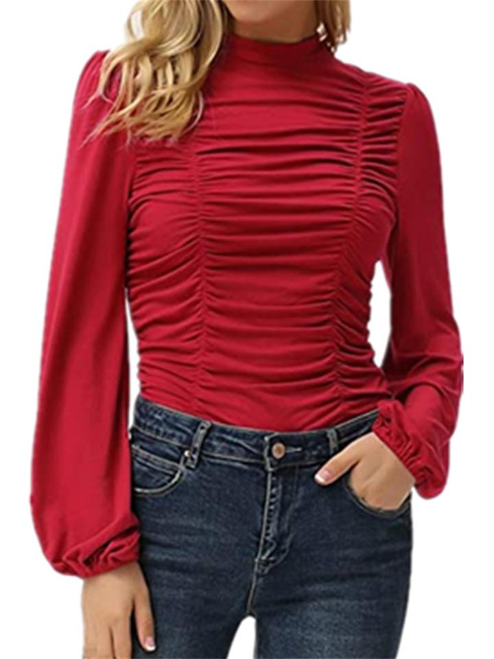 Lantern Sleeve Solid Color Ruched T Shirts Shopvhs.com