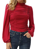 Lantern Sleeve Solid Color Ruched T Shirts Shopvhs.com