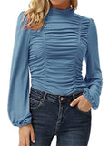 Lantern Sleeve Solid Color Ruched T Shirts Shopvhs.com