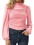 Lantern Sleeve Solid Color Ruched T Shirts Shopvhs.com