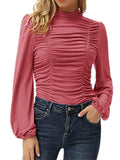 Lantern Sleeve Solid Color Ruched T Shirts Shopvhs.com