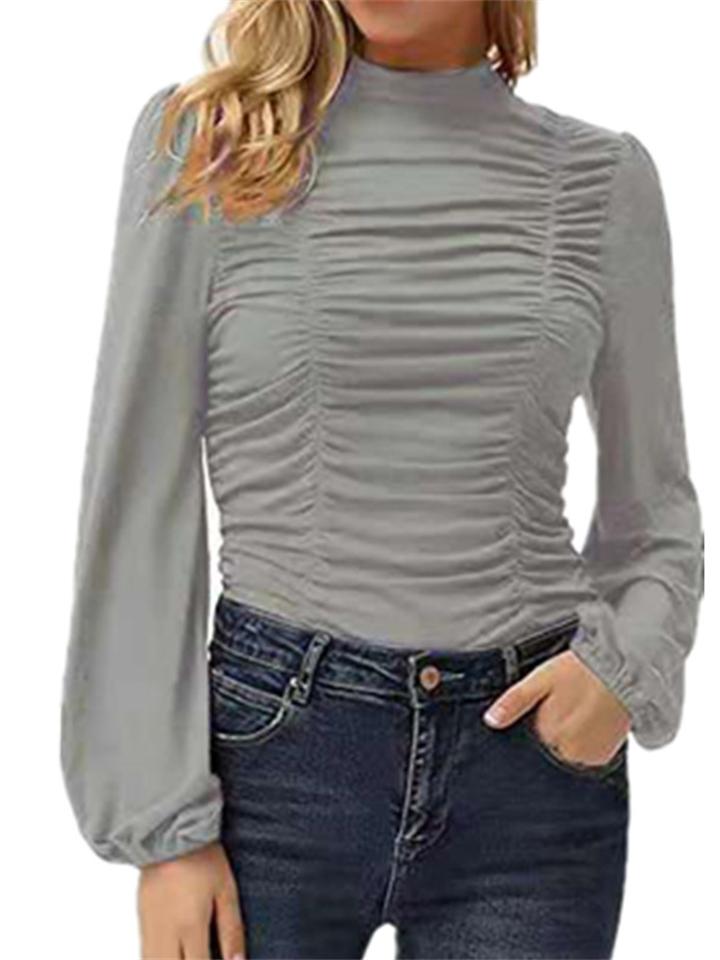 Lantern Sleeve Solid Color Ruched T Shirts Shopvhs.com