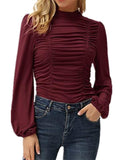 Lantern Sleeve Solid Color Ruched T Shirts Shopvhs.com