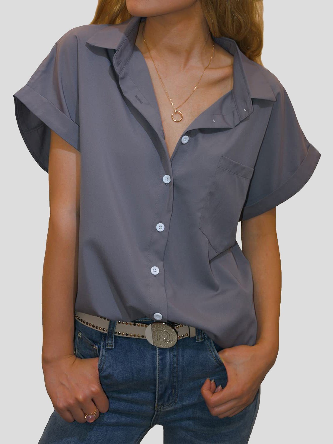 Lapel Pocket Button Short Sleeve Blouse Shopvhs.com
