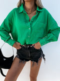 Lapel Solid Button Long Sleeve Blouse Shopvhs.com