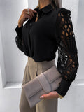 Lapel Solid Lace Long Sleeve Blouse Shopvhs.com