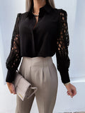 Lapel Solid Lace Long Sleeve Blouse Shopvhs.com