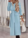 Lapel Solid Long Sleeve Belt Pocket Woolen Coat Shopvhs.com