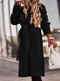 Lapel Solid Long Sleeve Belt Pocket Woolen Coat Shopvhs.com