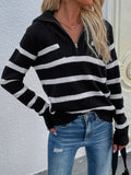 Lapel Zip Stripe Long Sleeve Knit Sweater Shopvhs.com