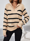 Lapel Zip Stripe Long Sleeve Knit Sweater Shopvhs.com