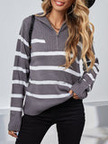 Lapel Zip Stripe Long Sleeve Knit Sweater Shopvhs.com