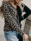 Leopard Print Contrast Color V-Neck Long Sleeve T-Shirts Shopvhs.com