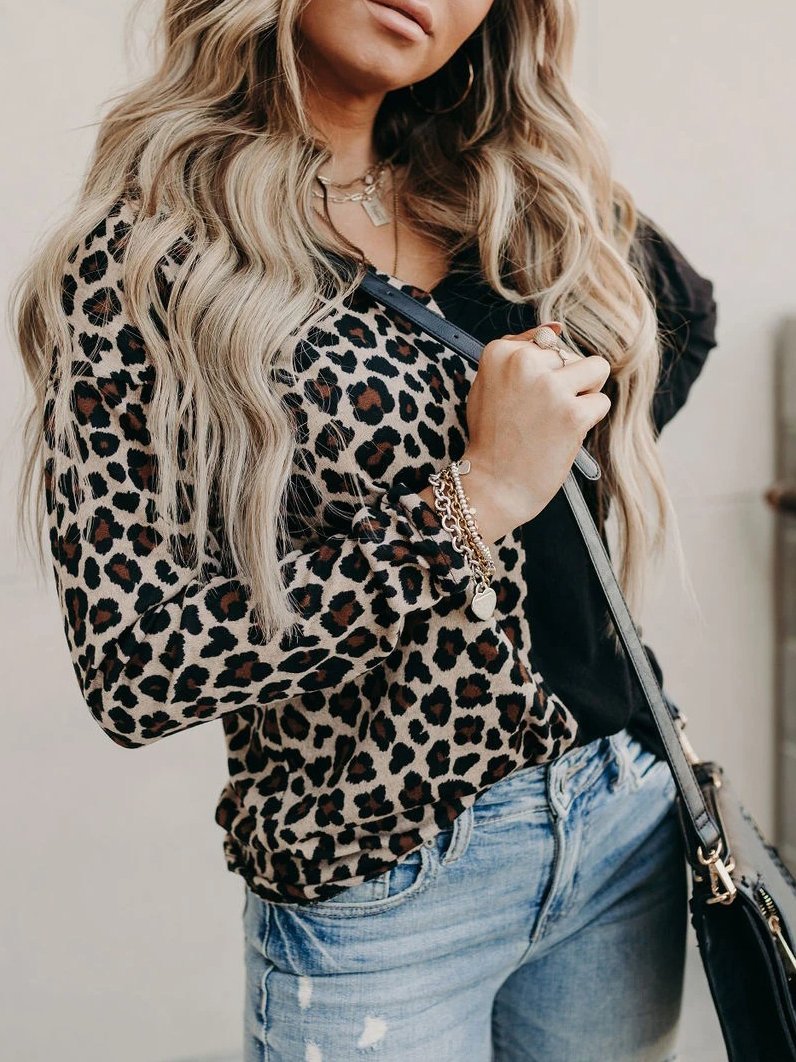 Leopard Print Contrast Color V-Neck Long Sleeve T-Shirts Shopvhs.com