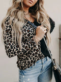 Leopard Print Contrast Color V-Neck Long Sleeve T-Shirts Shopvhs.com