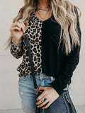 Leopard Print Contrast Color V-Neck Long Sleeve T-Shirts Shopvhs.com