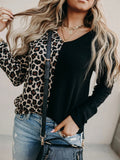 Leopard Print Contrast Color V-Neck Long Sleeve T-Shirts Shopvhs.com