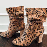 Leopard Print Slip On Style Round Toe Boots