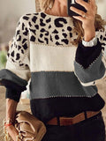 Leopard Print Stitching Round Neck Loose Sweater Shopvhs.com