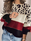 Leopard Print Stitching Round Neck Loose Sweater Shopvhs.com