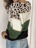 Leopard Print Stitching Round Neck Loose Sweater Shopvhs.com