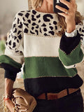 Leopard Print Stitching Round Neck Loose Sweater Shopvhs.com