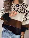 Leopard Print Stitching Round Neck Loose Sweater Shopvhs.com