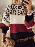 Leopard Print Stitching Round Neck Loose Sweater Shopvhs.com