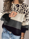 Leopard Print Stitching Round Neck Loose Sweater Shopvhs.com