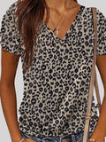 Leopard Print V-neck Short Sleeve Casual T-shirt Shopvhs.com