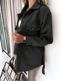 Long Sleeve Solid Lapel Button Belted Woolen Coat Shopvhs.com