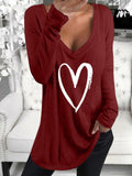 Long Sleeve V-Neck Heart Printed Casual T-Shirt Shopvhs.com