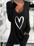 Long Sleeve V-Neck Heart Printed Casual T-Shirt Shopvhs.com