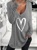 Long Sleeve V-Neck Heart Printed Casual T-Shirt Shopvhs.com