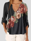 Long Sleeve V-neck Floral Print Chiffon Shirt Shopvhs.com