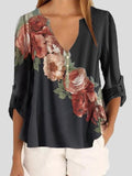 Long Sleeve V-neck Floral Print Chiffon Shirt Shopvhs.com