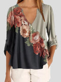 Long Sleeve V-neck Floral Print Chiffon Shirt Shopvhs.com