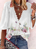 Loose Print V-Neck Lace Mid Sleeve Blouse Shopvhs.com