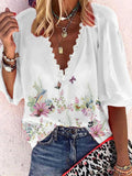 Loose Print V-Neck Lace Mid Sleeve Blouse Shopvhs.com