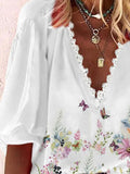 Loose Print V-Neck Lace Mid Sleeve Blouse Shopvhs.com