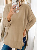 Loose Round Neck Long Sleeve Side Slit Sweater Shopvhs.com