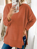 Loose Round Neck Long Sleeve Side Slit Sweater