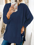 Loose Round Neck Long Sleeve Side Slit Sweater Shopvhs.com