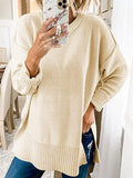 Loose Round Neck Long Sleeve Side Slit Sweater Shopvhs.com