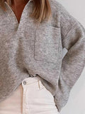 Loose Solid Lapel Pocket Long Sleeve Sweater Shopvhs.com