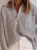 Loose Solid Lapel Pocket Long Sleeve Sweater Shopvhs.com